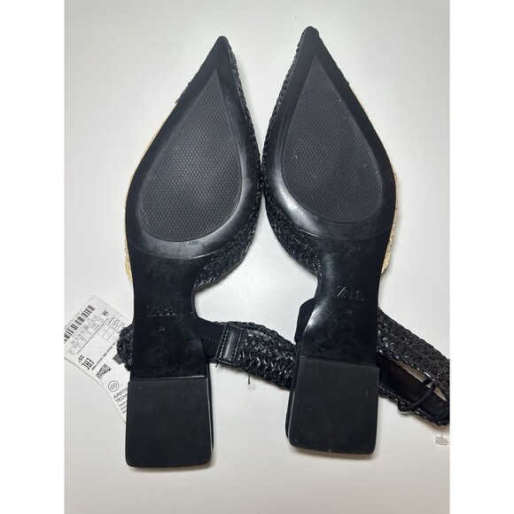 ZARA Woven Rafia Pointed Toe Black Tan Slingback Flat‎ Sandal Women US 7.5 NEW - Picture 12 of 12
